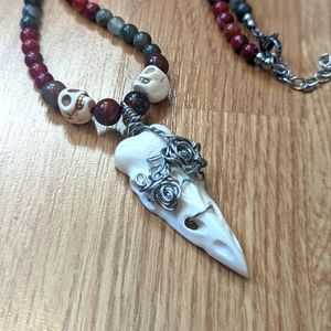 FINAL PRICE Raven Skull Carved Bone Red Fire Agate African Bloodstone Necklace